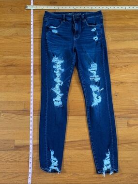 American Eagle Outfitters Dark Blue Distressed Hi-rise Jegging Size 12